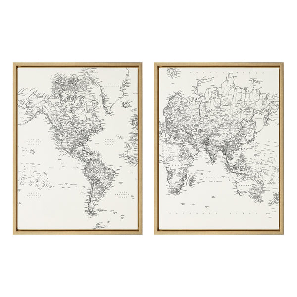 kate & laurel Sylvie Black and White Modern Retro World Map Framed Canvas Set by The Creative Bunch Studio