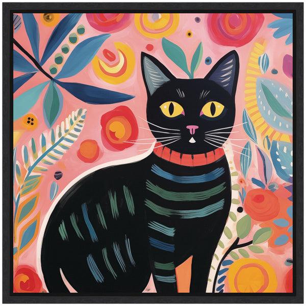 Kate & Laurel Sylvie Black Cat Botanical Pink Framed Canvas By The Creative Bunch Studio