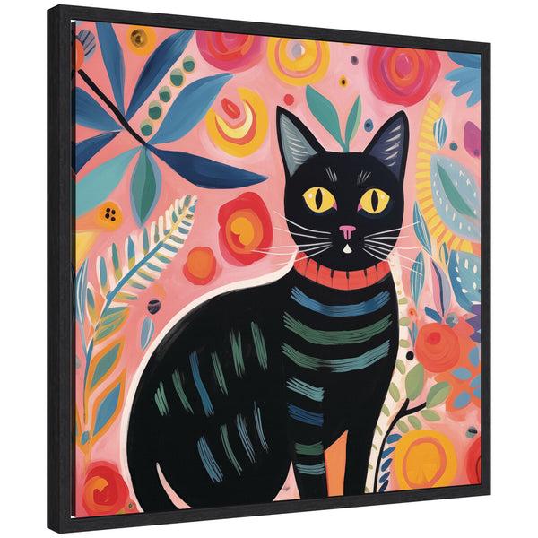 kate & laurel Sylvie Black Cat Botanical Pink Framed Canvas by The Creative Bunch Studio