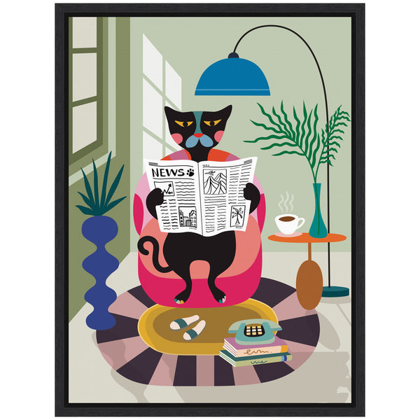 Kate & Laurel Sylvie Black Cat Reading Newspaper Framed Canvas By Rachel Lee
