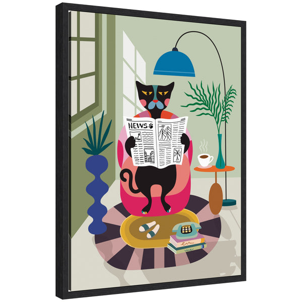 kate & laurel Sylvie Black Cat Reading Newspaper Framed Canvas by Rachel Lee