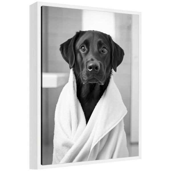 kate & laurel Sylvie Black Lab Bathroom Art Towel Robe Black and White Framed Canvas by The Creative Bunch Studio