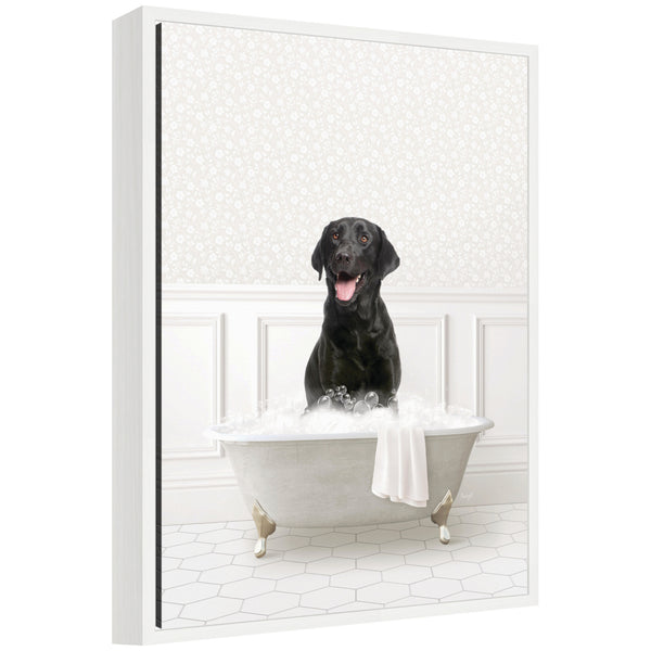 kate & laurel Sylvie Black Lab in White Bathtub Framed Canvas by Amy Peterson