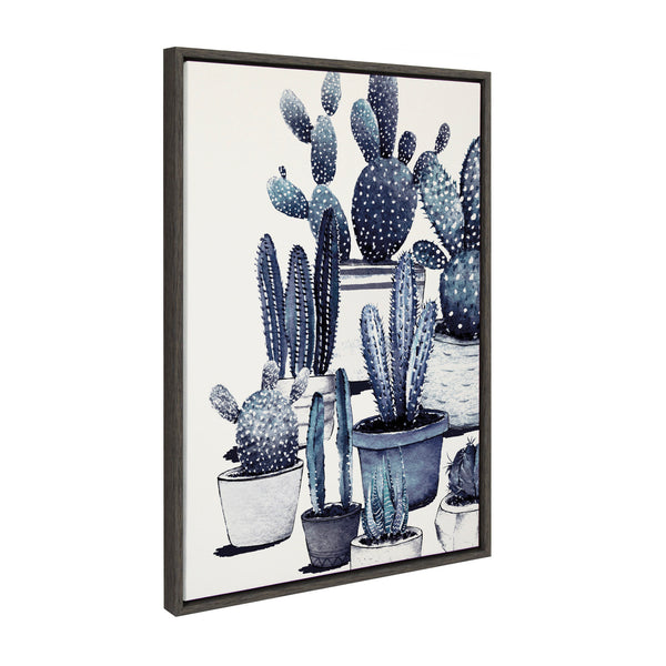 Kate & Laurel Sylvie Blue Potted Cacti Framed Canvas Gray 23x33