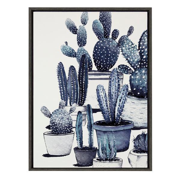 kate & laurel Sylvie Blue Potted Cacti Framed Canvas Gray 23x33