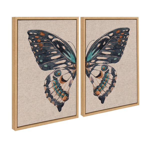 Kate & Laurel Sylvie Boho Butterfly Watercolor Diptych Neutral Linen Framed Canvas Art Set By The Creative Bunch Studio