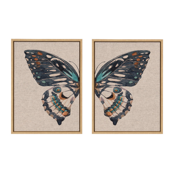 kate & laurel Sylvie Boho Butterfly Watercolor Diptych Neutral Linen Framed Canvas Art Set by The Creative Bunch Studio