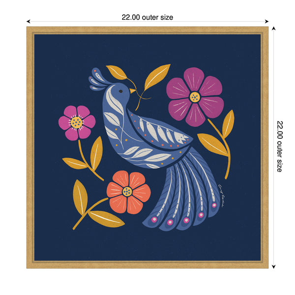 Kate & Laurel Sylvie Boho Folk Art Bird Blue And Gold Framed Canvas By Carey Copeland