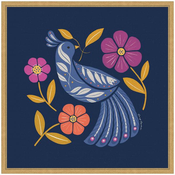 Kate & Laurel Sylvie Boho Folk Art Bird Blue And Gold Framed Canvas By Carey Copeland