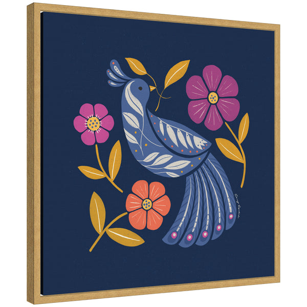 kate & laurel Sylvie Boho Folk Art Bird Blue and Gold Framed Canvas by Carey Copeland