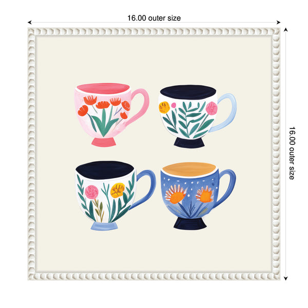 Kate & Laurel Sylvie Botanical Coffee Shop Tea Cups 4 Cups Framed Canvas By The Creative Bunch Studio