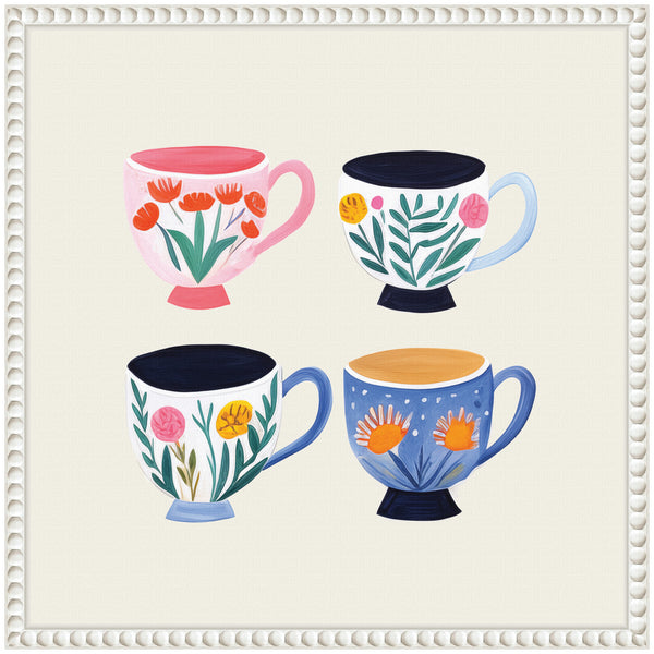 Kate & Laurel Sylvie Botanical Coffee Shop Tea Cups 4 Cups Framed Canvas By The Creative Bunch Studio