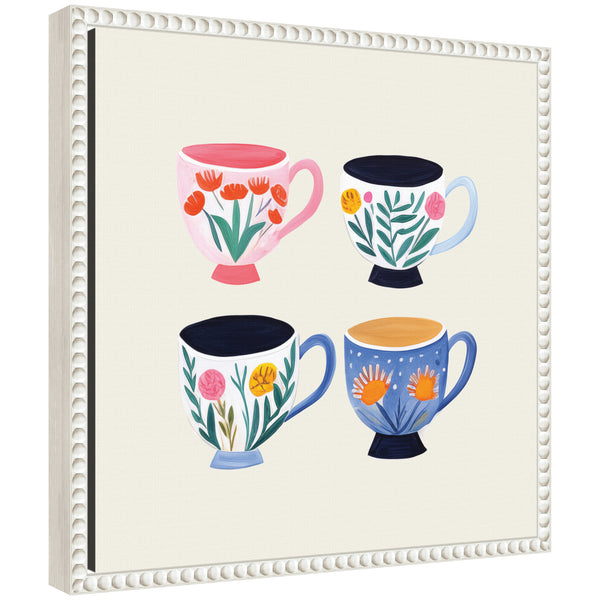 kate & laurel Sylvie Botanical Coffee Shop Tea Cups 4 Cups Framed Canvas by The Creative Bunch Studio