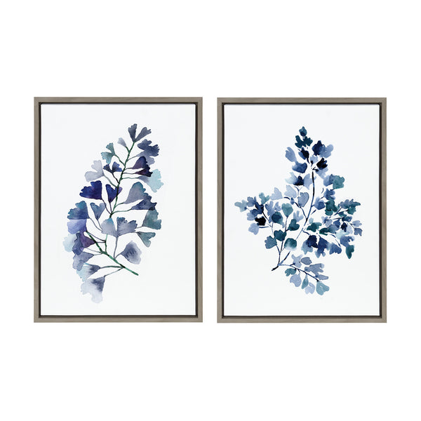 Kate & Laurel Sylvie Botanical Split Fern Indigo And Botanical Maiden Indigo Framed Canvas By Sara Berrenson