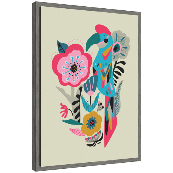 kate & laurel Sylvie Bright Teal and Pink Floral and Parrot Framed Canvas by Rachel Lee