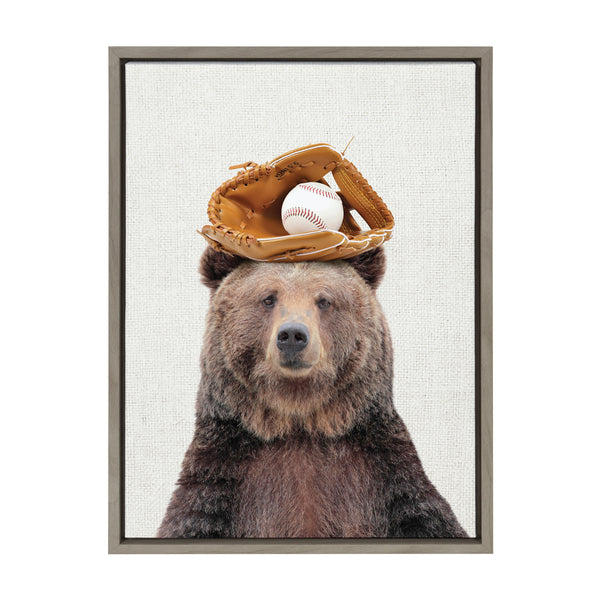 Kate & Laurel Sylvie Brown Bear Baseball Framed Canvas By Amy Peterson Art Studio
