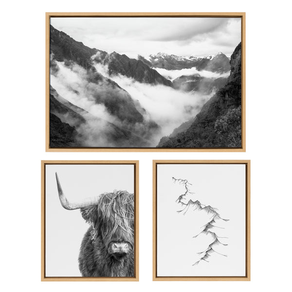Kate & Laurel Sylvie BW Highland Cow No. 1 Mountains And Inca Trail Black And White Framed Canvas By Various Artists