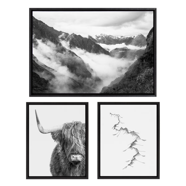 kate & laurel Sylvie BW Highland Cow No. 1 Mountains and Inca Trail Black and White Framed Canvas by Various Artists