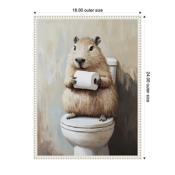 Kate & Laurel Sylvie Capybara Angled Holding Toilet Paper Roll Toilet Bathroom Art Framed Canvas By The Creative Bunch Studio
