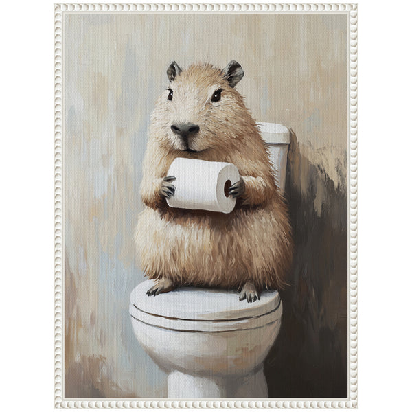 Kate & Laurel Sylvie Capybara Angled Holding Toilet Paper Roll Toilet Bathroom Art Framed Canvas By The Creative Bunch Studio