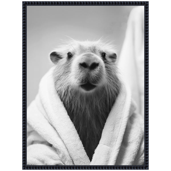 Kate & Laurel Sylvie Capybara Bathroom Art Towel Robe Black And White Framed Canvas By The Creative Bunch Studio