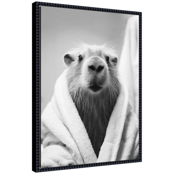 kate & laurel Sylvie Capybara Bathroom Art Towel Robe Black and White Framed Canvas by The Creative Bunch Studio