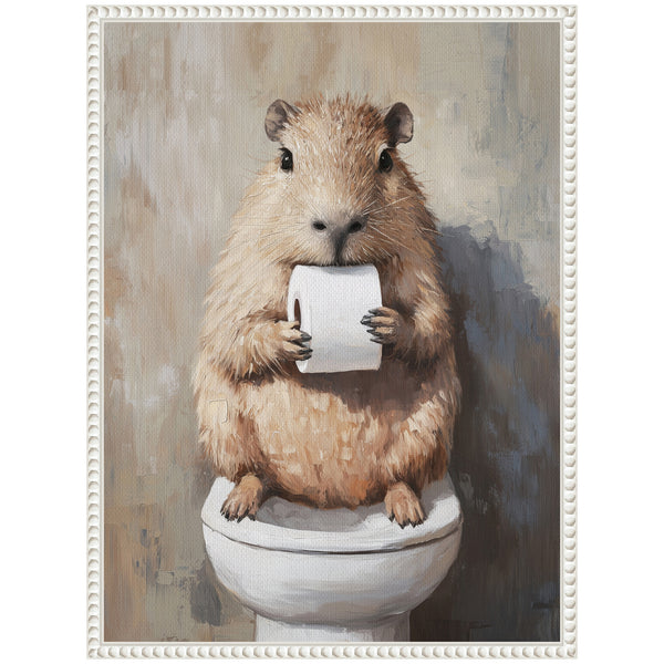 Kate & Laurel Sylvie Capybara Holding Toilet Paper Roll Toilet Bathroom Art Framed Canvas By The Creative Bunch Studio