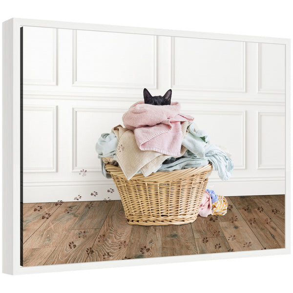 kate & laurel Sylvie Cat in a Basket Traditional Laundry Framed Canvas by Amy Peterson