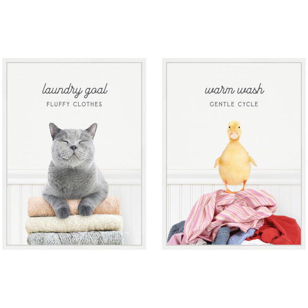 Kate & Laurel Sylvie Cat Laundry Goals And Ducky Gentle Cycle Framed Canvas Art Set By Amy Peterson