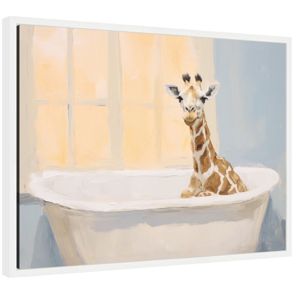 kate & laurel Sylvie Charming Boho Cottage Farmhouse Giraffe in Bathtub Framed Canvas by The Creative Bunch Studio