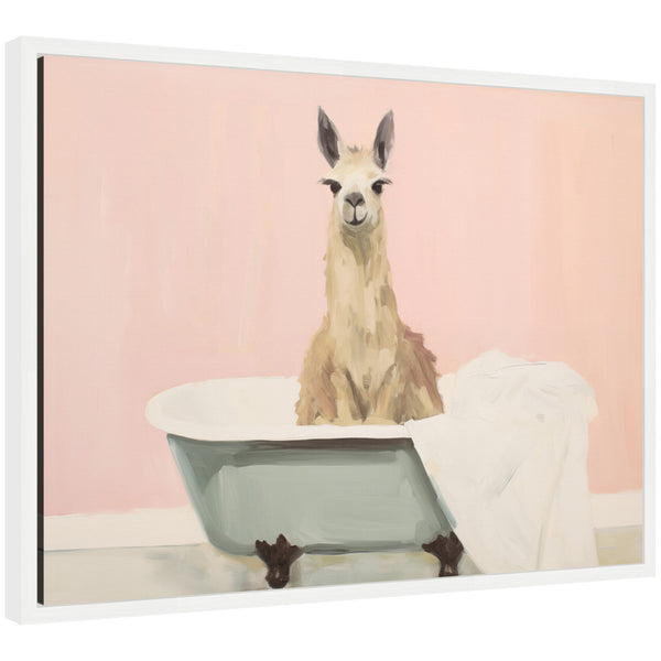 kate & laurel Sylvie Charming Boho Cottage Farmhouse Llama in Bathtub Framed Canvas by The Creative Bunch Studio