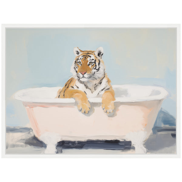 Kate & Laurel Sylvie Charming Boho Cottage Farmhouse Tiger In Bathtub Framed Canvas By The Creative Bunch Studio