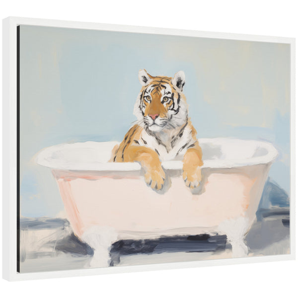 kate & laurel Sylvie Charming Boho Cottage Farmhouse Tiger in Bathtub Framed Canvas by The Creative Bunch Studio