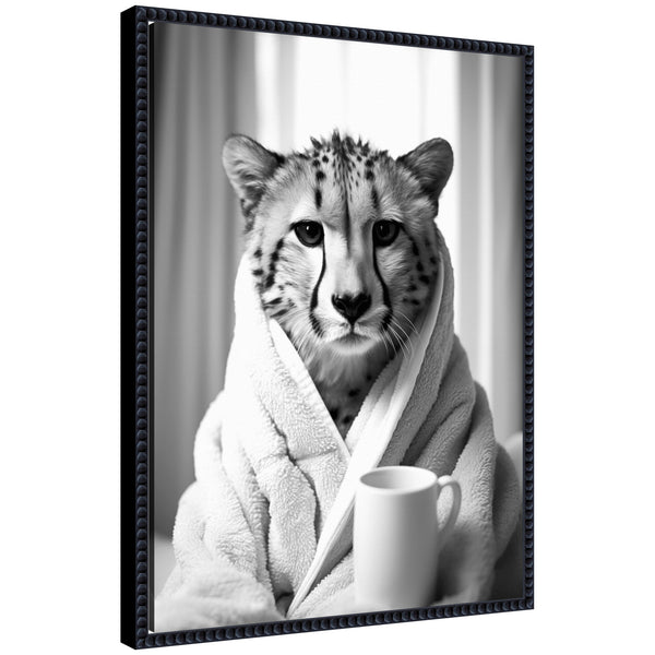 Kate & Laurel Sylvie Cheetah Bathroom Art Towel Robe Black And White Framed Canvas By The Creative Bunch Studio