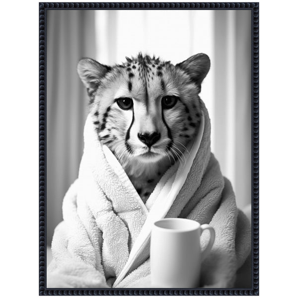 Kate & Laurel Sylvie Cheetah Bathroom Art Towel Robe Black And White Framed Canvas By The Creative Bunch Studio
