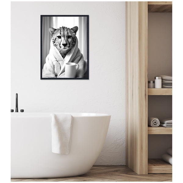Kate & Laurel Sylvie Cheetah Bathroom Art Towel Robe Black And White Framed Canvas By The Creative Bunch Studio