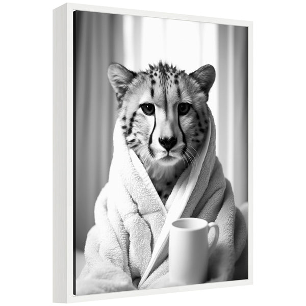 kate & laurel Sylvie Cheetah Bathroom Art Towel Robe Black and White Framed Canvas by The Creative Bunch Studio