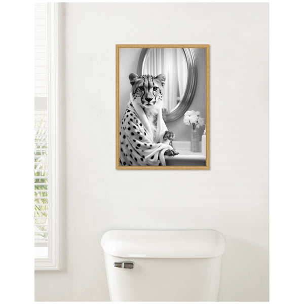 Kate & Laurel Sylvie Cheetah Glam Bathroom Towel Robe Black And White Framed Canvas By The Creative Bunch Studio