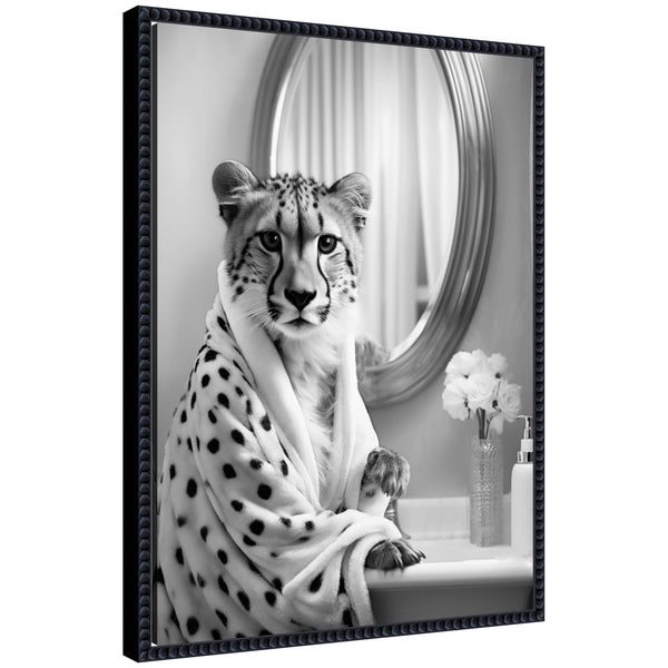 kate & laurel Sylvie Cheetah Glam Bathroom Towel Robe Black and White Framed Canvas by The Creative Bunch Studio