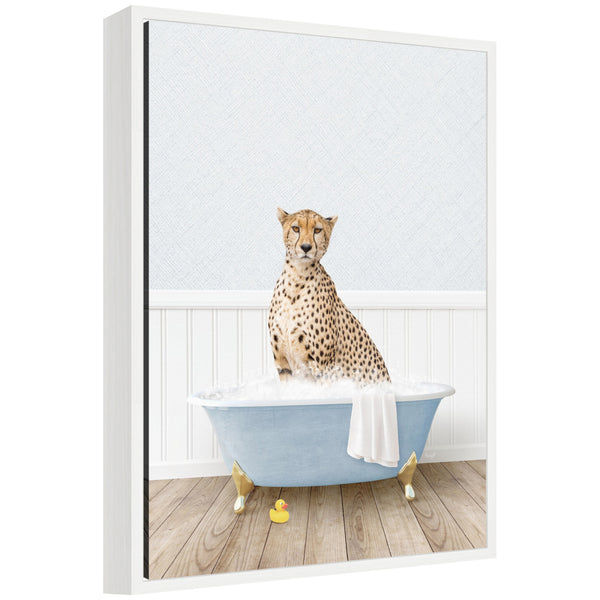kate & laurel Sylvie Cheetah in Cottage Blue Bathtub Framed Canvas by Amy Peterson