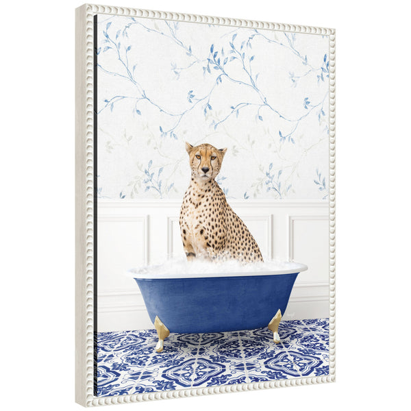 kate & laurel Sylvie Cheetah in Eclectic Blue Bath Framed Canvas by Amy Peterson