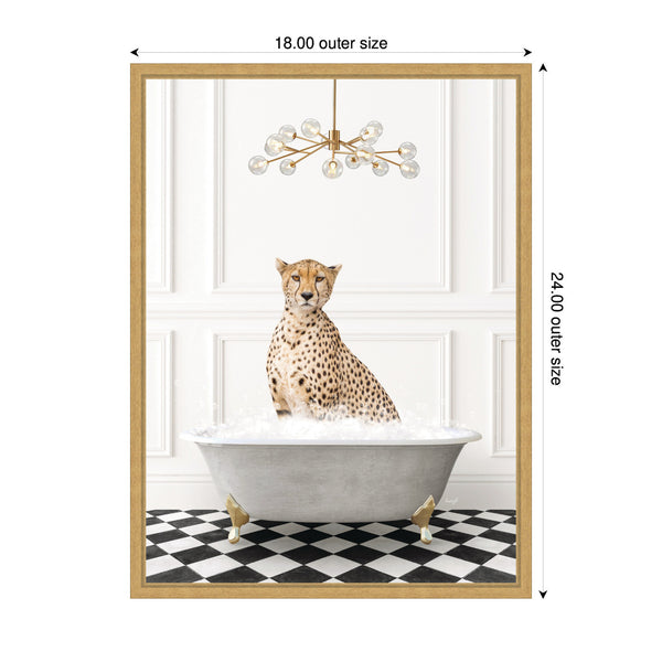 Kate & Laurel Sylvie Cheetah In Gray Bathtub On Checker Floor Framed Canvas By Amy Peterson