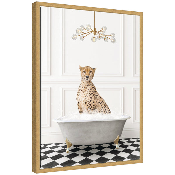 kate & laurel Sylvie Cheetah in Gray Bathtub on Checker Floor Framed Canvas by Amy Peterson