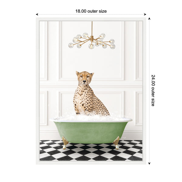 Kate & Laurel Sylvie Cheetah In Green Bathtub Checker Floor Framed Canvas By Amy Peterson