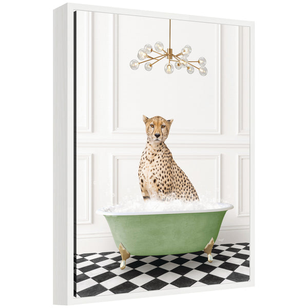 kate & laurel Sylvie Cheetah in Green Bathtub Checker Floor Framed Canvas by Amy Peterson