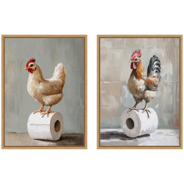 Kate & Laurel Sylvie Chicken And Rooster Bathroom Art Framed Canvas Art Set By The Creative Bunch Studio