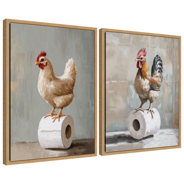 kate & laurel Sylvie Chicken and Rooster Bathroom Art Framed Canvas Art Set by The Creative Bunch Studio