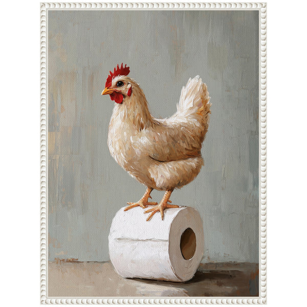 Kate & Laurel Sylvie Chicken Standing With Toilet Paper Rolls Bathroom Art Framed Canvas By The Creative Bunch Studio