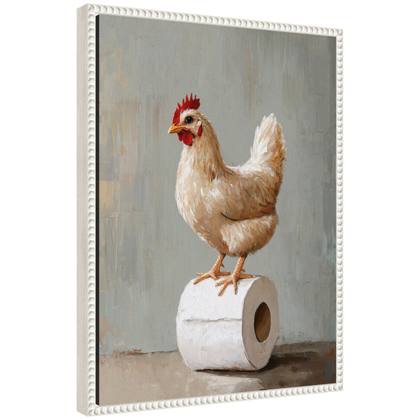 kate & laurel Sylvie Chicken Standing with Toilet Paper Rolls Bathroom Art Framed Canvas by The Creative Bunch Studio