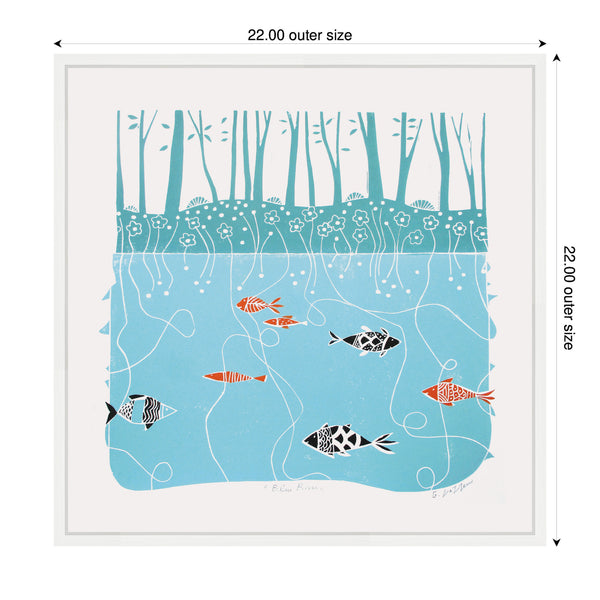 Kate & Laurel Sylvie Coastal Blue River Linocut Framed Canvas By Giuliana Lazzerini